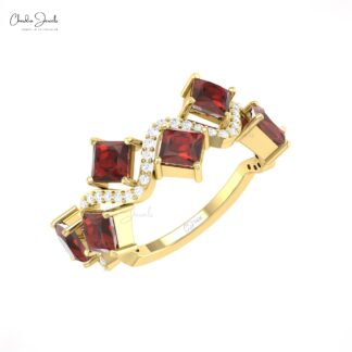 Cluster Diamond Ring In Solid 14k Gold Red Garnet 4mm Square Cut Half Eternity Rings