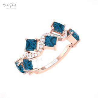 Six Stone Cluster Ring With 4mm London Blue Topaz And Diamond Pave In 14k Real Gold Rings