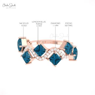 Six Stone Cluster Ring With 4mm London Blue Topaz And Diamond Pave In 14k Real Gold Rings