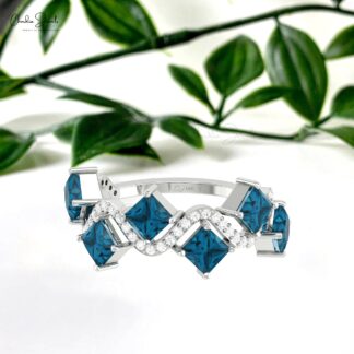 Six Stone Cluster Ring With 4mm London Blue Topaz And Diamond Pave In 14k Real Gold Rings