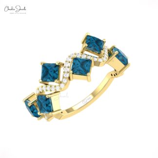 Six Stone Cluster Ring With 4mm London Blue Topaz And Diamond Pave In 14k Real Gold Rings