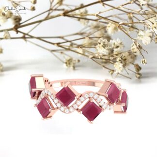 Square Cut Half Eternity Ring In 14k Real Gold Burma Ruby Diamond 6 Stone Wedding Rings