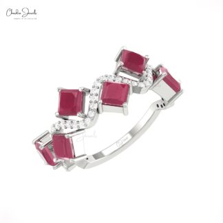 Square Cut Half Eternity Ring In 14k Real Gold Burma Ruby Diamond 6 Stone Wedding Rings