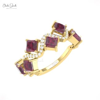 Natural Rhodolite Garnet Half Eternity Band In 14k Solid Gold Diamond Cluster Women Ring