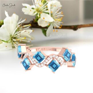 Wave Half Eternity Ring With 0.7 Ct Swiss Blue Topaz And Diamond 14k Real Gold Promise Ring