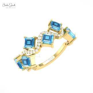 Wave Half Eternity Ring With 0.7 Ct Swiss Blue Topaz And Diamond 14k Real Gold Promise Ring