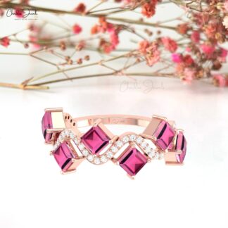 AAA Pink Tourmaline 6 Stone Ring In 14k Solid Gold G-H Diamond Engagement Rings