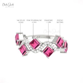 AAA Pink Tourmaline 6 Stone Ring In 14k Solid Gold G-H Diamond Engagement Rings