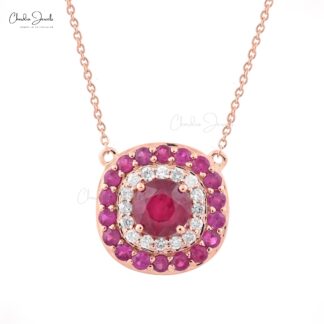 Cluster Halo Diamond Necklace In 14k Rose Gold Burma Ruby 2.54 Ct Gemstone Chain Necklaces