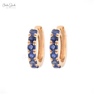 AAA Blue Sapphire Hoops With 2mm Gemstone Pave Set In 14k Yellow Gold Dainty Earrings