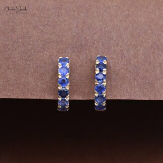 AAA Blue Sapphire Hoops With 2mm Gemstone Pave Set In 14k Yellow Gold Dainty Earrings