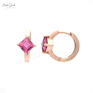 Solitaire Huggies Hoop With 0.6 Ct Pink Tourmaline Latch Back Earrings In 14k Rose Gold