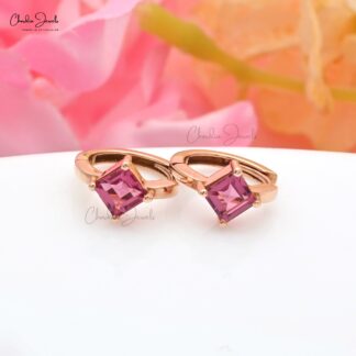 Solitaire Huggies Hoop With 0.6 Ct Pink Tourmaline Latch Back Earrings In 14k Rose Gold