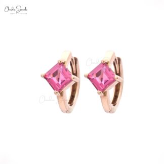 Solitaire Huggies Hoop With 0.6 Ct Pink Tourmaline Latch Back Earrings In 14k Rose Gold