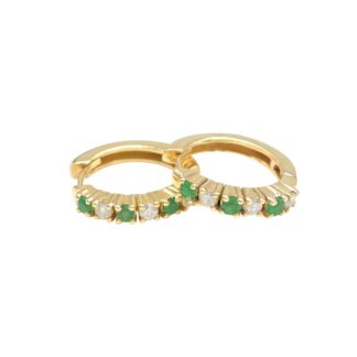 Pure 14k Yellow Gold Huggie Hoops With 0.18 Ct Emerald Dainty Diamond Hallmark Earrings