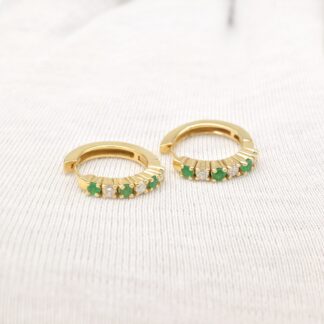 Pure 14k Yellow Gold Huggie Hoops With 0.18 Ct Emerald Dainty Diamond Hallmark Earrings