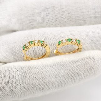 Pure 14k Yellow Gold Huggie Hoops With 0.18 Ct Emerald Dainty Diamond Hallmark Earrings
