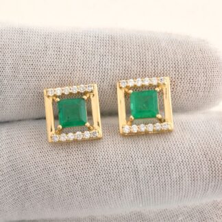 Square Emerald Halo Studs In 18k Yellow Gold Diamond Push Back Certified Earrings For Her