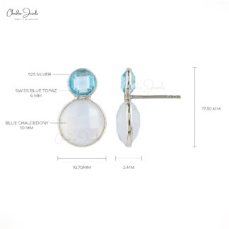 Round Checker Cut Swiss Blue Topaz 925 Sterling Silver Two Stone Earrings