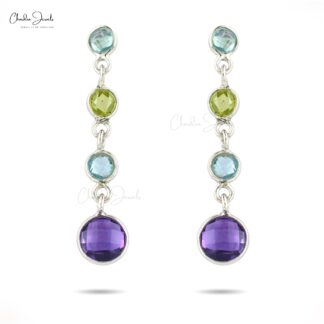 Multi Stone Dangling 925 Sterling Silver Earring With 3.18 Ct Gemstone Push Back Earrings