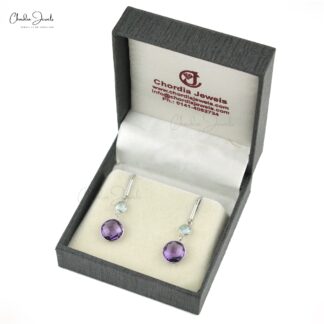 925 Sterling Silver 2 Stone Earrings With Amethyst & Sky Blue Topaz Dangle Hook Earring