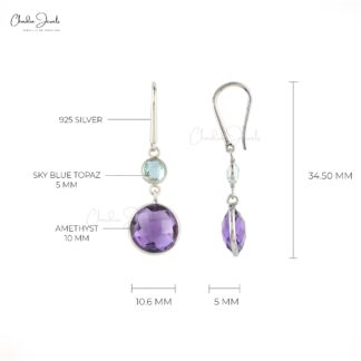 925 Sterling Silver 2 Stone Earrings With Amethyst & Sky Blue Topaz Dangle Hook Earring