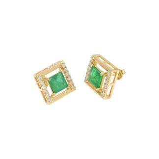 Square Emerald Halo Studs In 18k Yellow Gold Diamond Push Back Certified Earrings For Her
