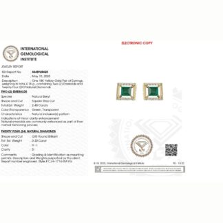 Square Emerald Halo Studs In 18k Yellow Gold Diamond Push Back Certified Earrings For Her