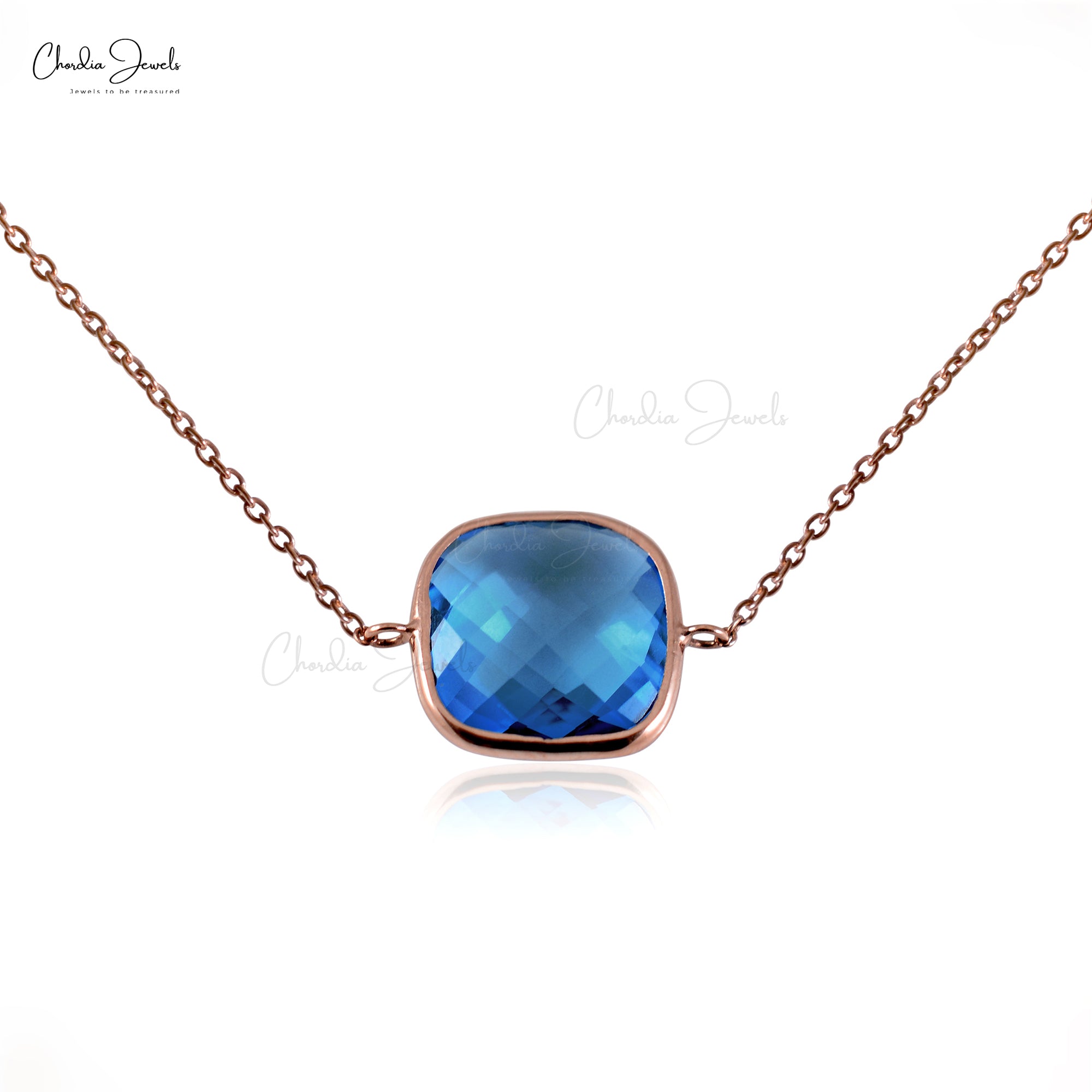 Solid 14k Rose Gold Bracelet with 12mm Swiss Blue Topaz Gemstone Solitaire Chain Bracelets
