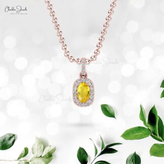 Real Halo Diamond 14k Solid Gold Pendant With 7x5mm Yellow Sapphire Women Necklace