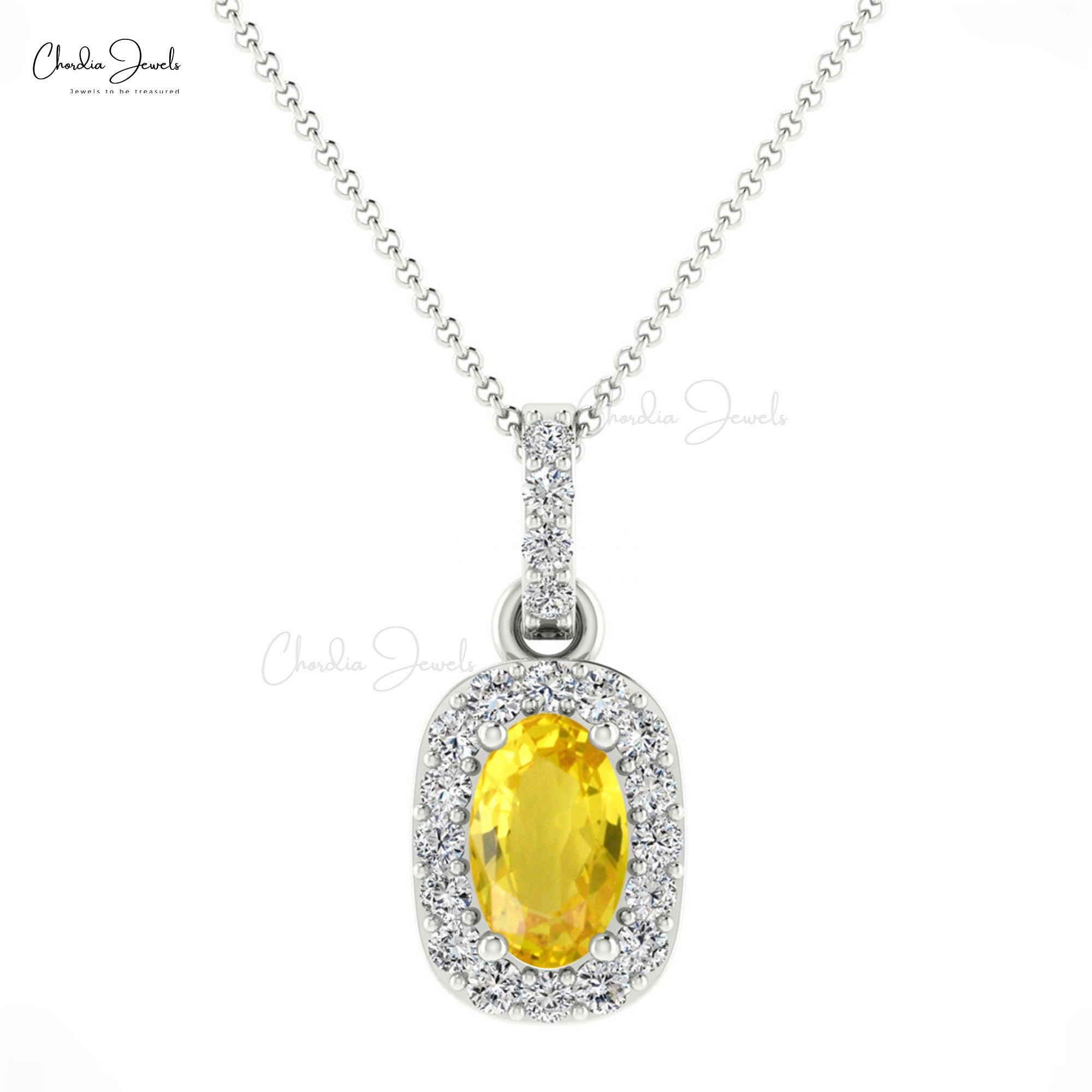 Real Halo Diamond 14k Solid Gold Pendant With 7x5mm Yellow Sapphire Women Necklace