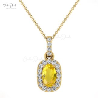 Real Halo Diamond 14k Solid Gold Pendant With 7x5mm Yellow Sapphire Women Necklace