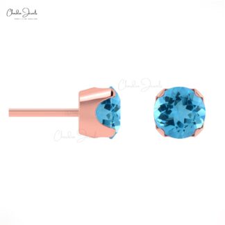 Single Stone Push Back Stud With 4mm Swiss Blue Topaz 14k Pure Gold Solitaire Earrings