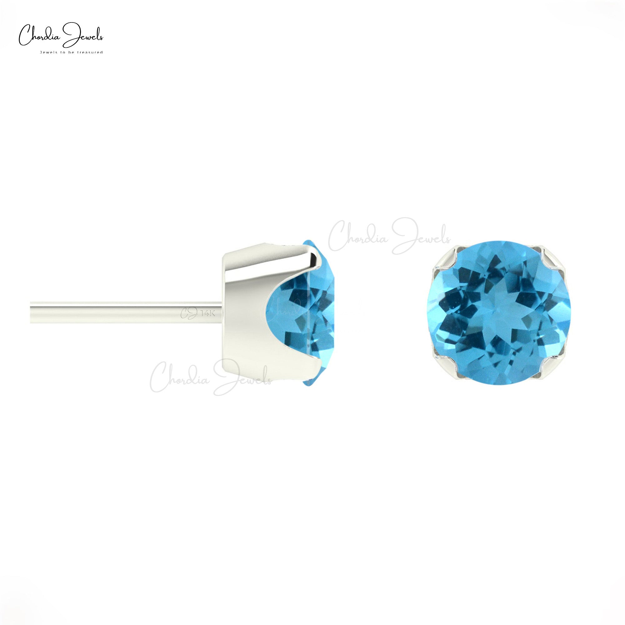 Single Stone Push Back Stud With 4mm Swiss Blue Topaz 14k Pure Gold Solitaire Earrings