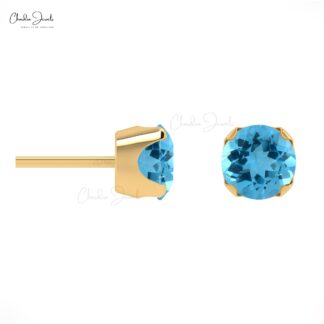 Single Stone Push Back Stud With 4mm Swiss Blue Topaz 14k Pure Gold Solitaire Earrings