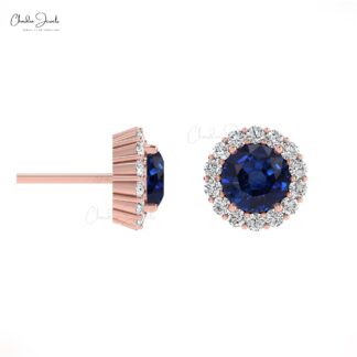 Halo Diamond Women Studs With 4mm Blue Sapphire Push Back Earrings In 14k Real Gold