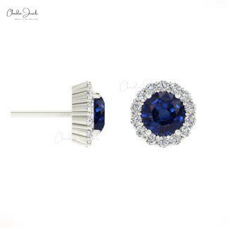 Halo Diamond Women Studs With 4mm Blue Sapphire Push Back Earrings In 14k Real Gold