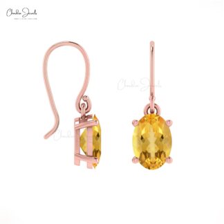 Ear Wire Dangle Earring In 14k Real Gold Citrine 7x5mm Gemstone Solitaire Earrings For Her