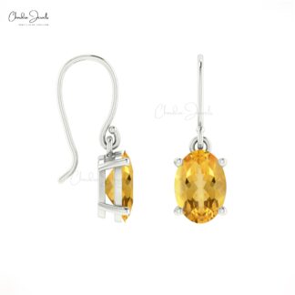 Ear Wire Dangle Earring In 14k Real Gold Citrine 7x5mm Gemstone Solitaire Earrings For Her