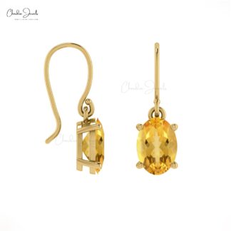Ear Wire Dangle Earring In 14k Real Gold Citrine 7x5mm Gemstone Solitaire Earrings For Her