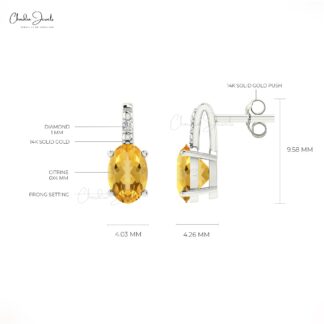 Pave Set 1mm Round Diamond Earrings in 14k Gold with Citrine November Birthstone Gift for Her