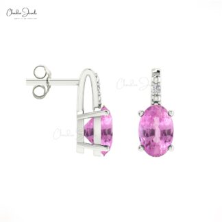 Pure 14k Gold 2 Stone Studs With 1.16 Ct Oval Pink Sapphire And Diamond Wedding Earrings