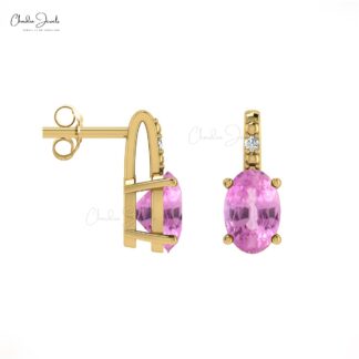 Pure 14k Gold 2 Stone Studs With 1.16 Ct Oval Pink Sapphire And Diamond Wedding Earrings