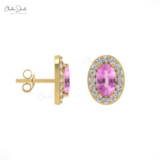 Oval Halo Diamond Earrings In 14k Solid Gold Pink Sapphire Gemstone Handmade Studs