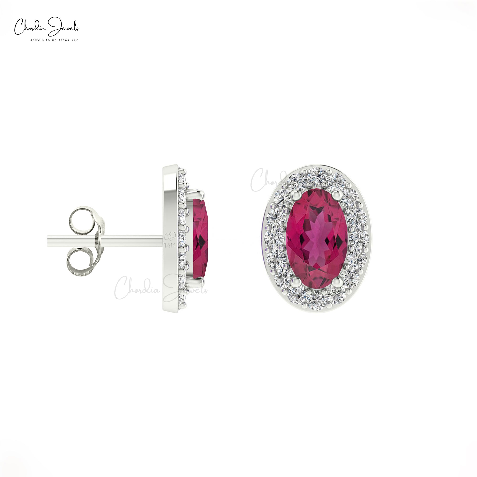 Solid 14k Gold Halo Diamond Stud With Oval Cut 7x5mm Pink Tourmaline Earrings For Women