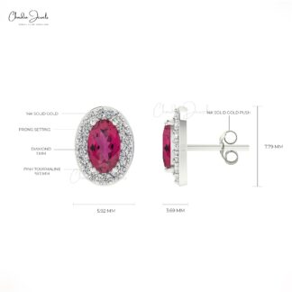 Solid 14k Gold Halo Diamond Stud With Oval Cut 7x5mm Pink Tourmaline Earrings For Women