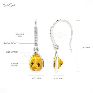 Dangle Drop 14k Solid Gold Earrings With 8x6mm Citrine And G-H Diamond Earrings For GF