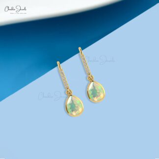 Pear Drop Fire Opal Earring In 14k Solid Gold October Birthstone Dangle Diamond Earrings