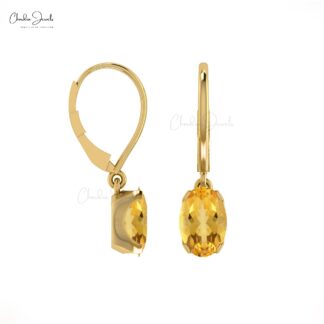 Dangling 14k Solid Gold Earrings With 6x4mm Citrine Gemstone Lever Back Earrings For Women
