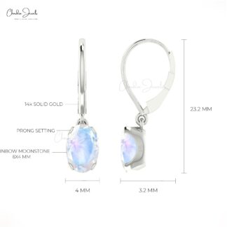 Solid 14k Gold Dangle Earring With 6x4mm Rainbow Moonstone Solitaire Earrings For Mom